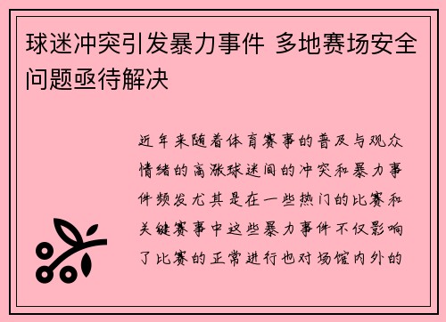 球迷冲突引发暴力事件 多地赛场安全问题亟待解决