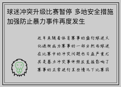 球迷冲突升级比赛暂停 多地安全措施加强防止暴力事件再度发生